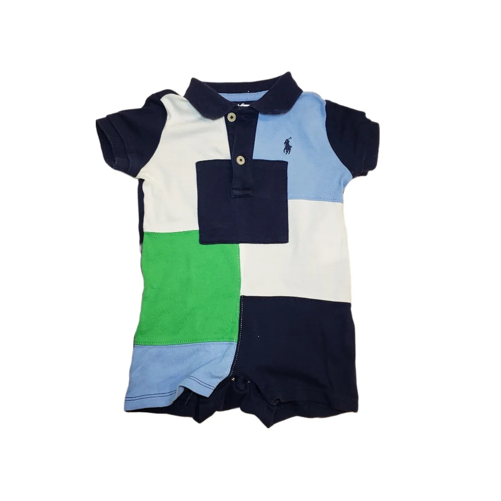 Ralph Lauren 6m Baby Patchwork Polo Collared Shortalls Romper